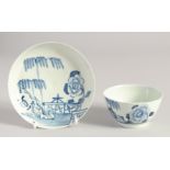 A LIVERPOOL CHAFFERS TEABOWL AND SAUCER painted in blue with a willow, fence and peony.