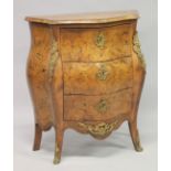 A GOOD SMALL 19TH CENTURY, NORTH ITALIAN ROSEWOOD AND MARQUETRY BOMBE THREE DRAWER COMMODE, the top,