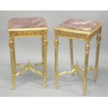 A PAIR OF FRENCH STYLE GILTWOOD AND MARBLE SQUARE SHAPED STANDS. 2ft 4ins high x 1 ft 4ins wide.