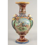 A GOOD LALIQUE MAJOLICA POTTERY TWO HANDLED URN with blue speckled decoration, mask handles and