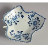 A LIVERPOOL LEAF SHAPED DISH painted in blue with three flower sprays, probably Christians'