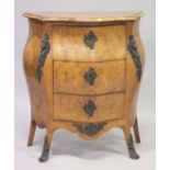 A GOOD SMALL 19TH CENTURY, NORTH ITALIAN ROSEWOOD AND MARQUETRY BOMBE THREE DRAWER COMMODE, the top,