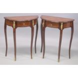 A PAIR OF MAHOGANY DEMI-LUNE SINGLE DRAWER SIDE TABLES. 2ft wide 1ft deep x 2ft 5ins high.