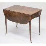 AN 18TH CENTURY FIGURED MAHOGANY HEPPLEWHITE DESIGN PEMBROKE TABLE with folding shaped flaps,