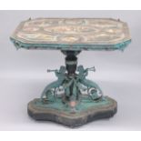 A HIGHLY ORNATE SHAPED RECTANGULAR PEDESTAL TABLE inset with Sevres style porcelain panels, (