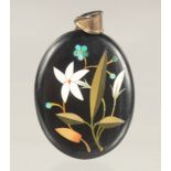 A GOOD VICTORIAN PIETRA DURA OVAL PENDANT inlaid with flowers. 1.75ins x 1.25ins.