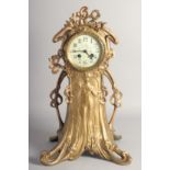 A GOOD ART NOUVEAU SPELTER MANTLE CLOCK, the cream dial painted with flowers, the case with female