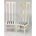 A PAIR OF MACKINTOSH STYLE HIGH BACK PAINTED SIDE CHAIRS with striped upholstered seat (some paint