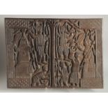 A WELL CARVED BENIN WOOD PANEL formed as two connecting panels of figures. 19ins & 26ins.