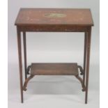 AN ADAM REVIVAL FIDDLE BACK MAHOGANY TWO TIER OCCASIONAL TABLE, painted with a central oval with