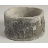 AN EARLY LIVERPOOL MASTER CIRCULAR LEAD TOBACCO BOX, BUILDER'S ASSOCIATION by Griffiths & Sons,