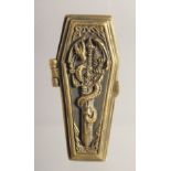 A BRASS COFFIN WITH SKELETON VESTA.