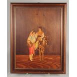 A FRAMED SPANISH PICTURE figures with a donkey. 18ins high.