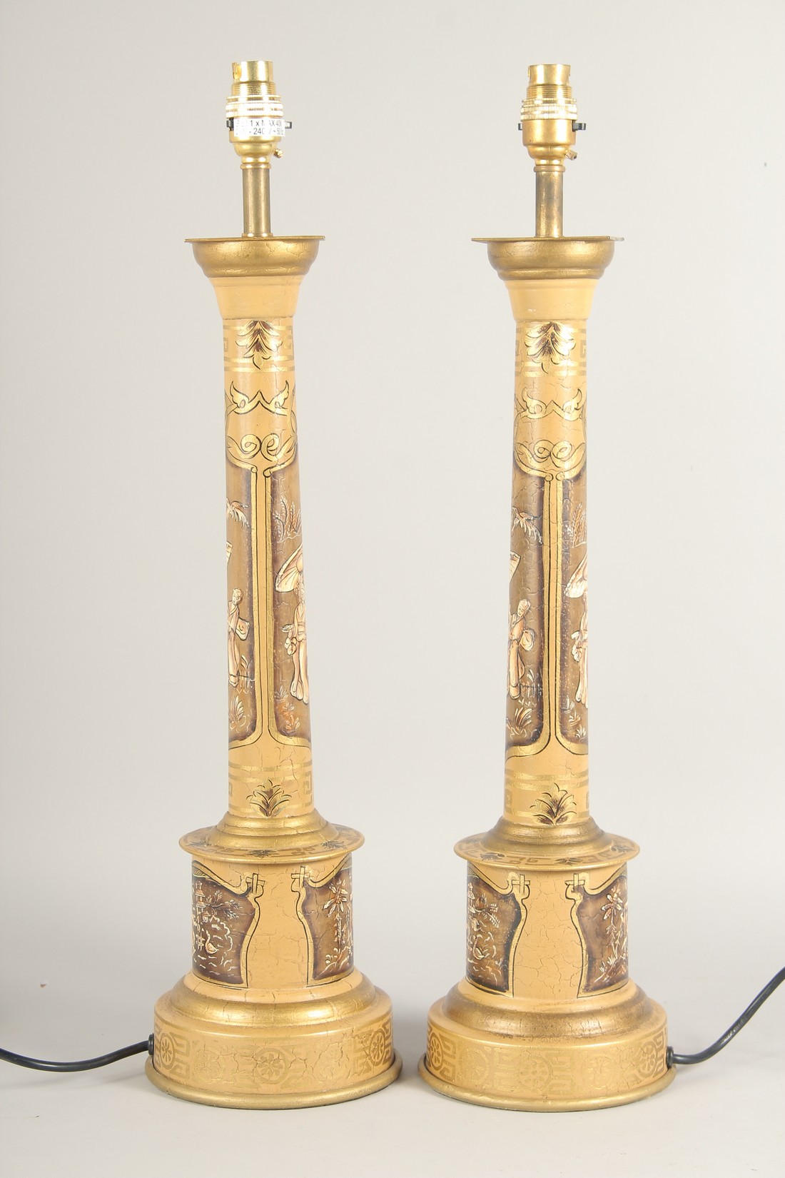 A PAIR OF TOLEWARE LAMPS with Chinese design. 24ins high with electric fittings. - Image 2 of 2