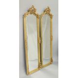 A PAIR OF FRENCH STYLE GILTWOOD TALL DRESSING MIRRORS. 5ft 10ins high x 1ft 9ins wide.