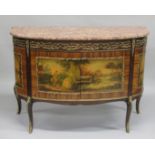 A "VERN MARTIN" STYLE MARBLE TOP BOW FRONT COMMODE with a variegated marble top, single drawer