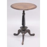 A VICTORIAN MAHOGANY CIRCULAR TOP TRIPOD TABLE on barley twist column and carved tripod legs. 1ft