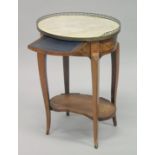 A GOOD 18TH CENTURY FRENCH KINGWOOD, MARQUETRY AND MARBLE OVAL TWO TIER OCCASIONAL TABLE with