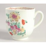 A LIVERPOOL CHAFFERS FACTORY COFFEE CUP with strap handle painted with English flowers in colour.