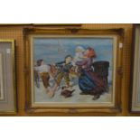 Children and a dog playing on the seashore, acrylic on canvas, in a decorative gilt frame.