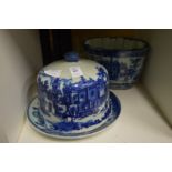 A reproduction blue and white cheese dish and cover and similar jelly mould.