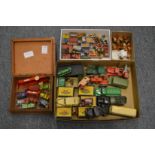 A collection of small die cast cars, vans etc together with miniature dolls house items etc.