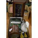 Carved and painted wood seagull, a mantel clock, tin of marbles and presentation coins frame and