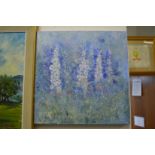 Scott, a painting of blue flowers and pink flowers, oil on canvas, unframed, a pair.