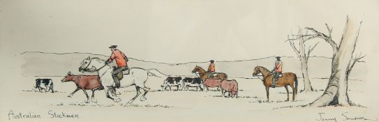 Jenny Sanders, 'Australian stockmen', ink and watercolour, signed and inscribed, 4.75" x 14.5", (