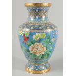 A GOOD LARGE CHINESE BLUE GROUND CLOISONNE VASE, decorated with flowers, birds and butterflies,