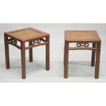 A PAIR OF CHINESE ELM SQUARE STOOLS, with woven bamboo panels on pole legs, 40cm wide, 48cm high.