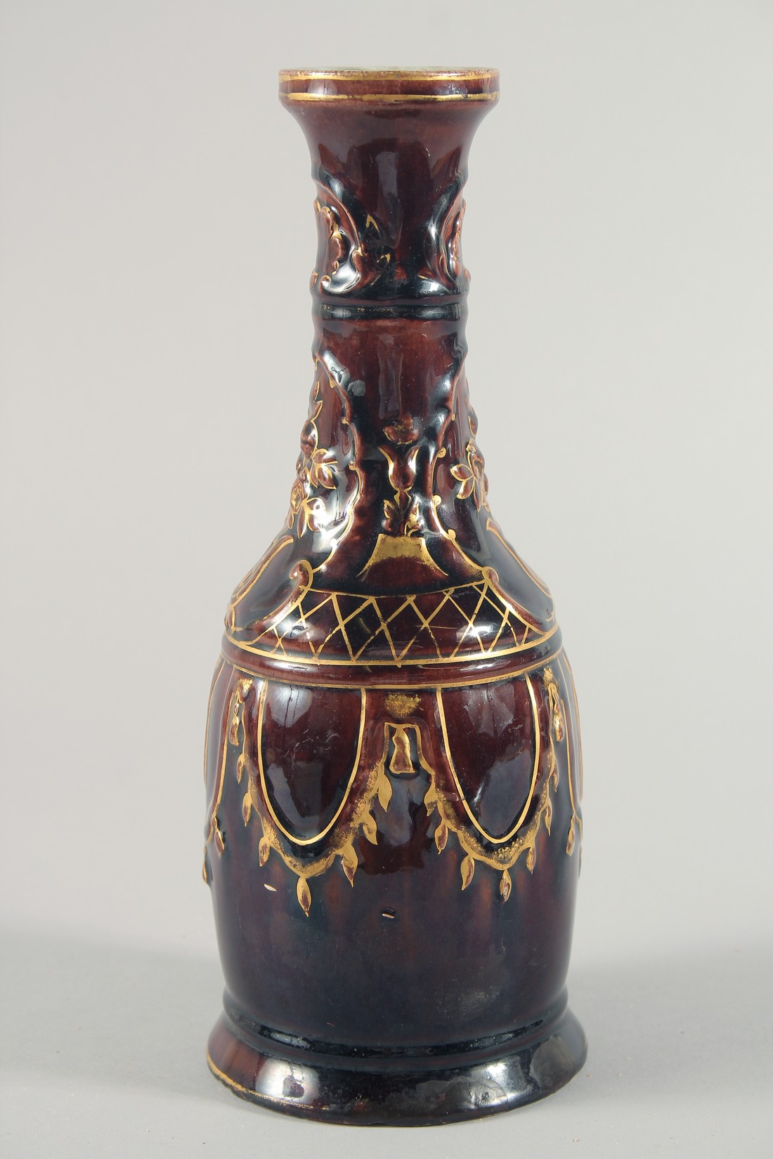 AN UNUSUAL GLAZED POTTERY HUQQA BASE, with gilt painted decoration, 29cm high. - Image 4 of 6