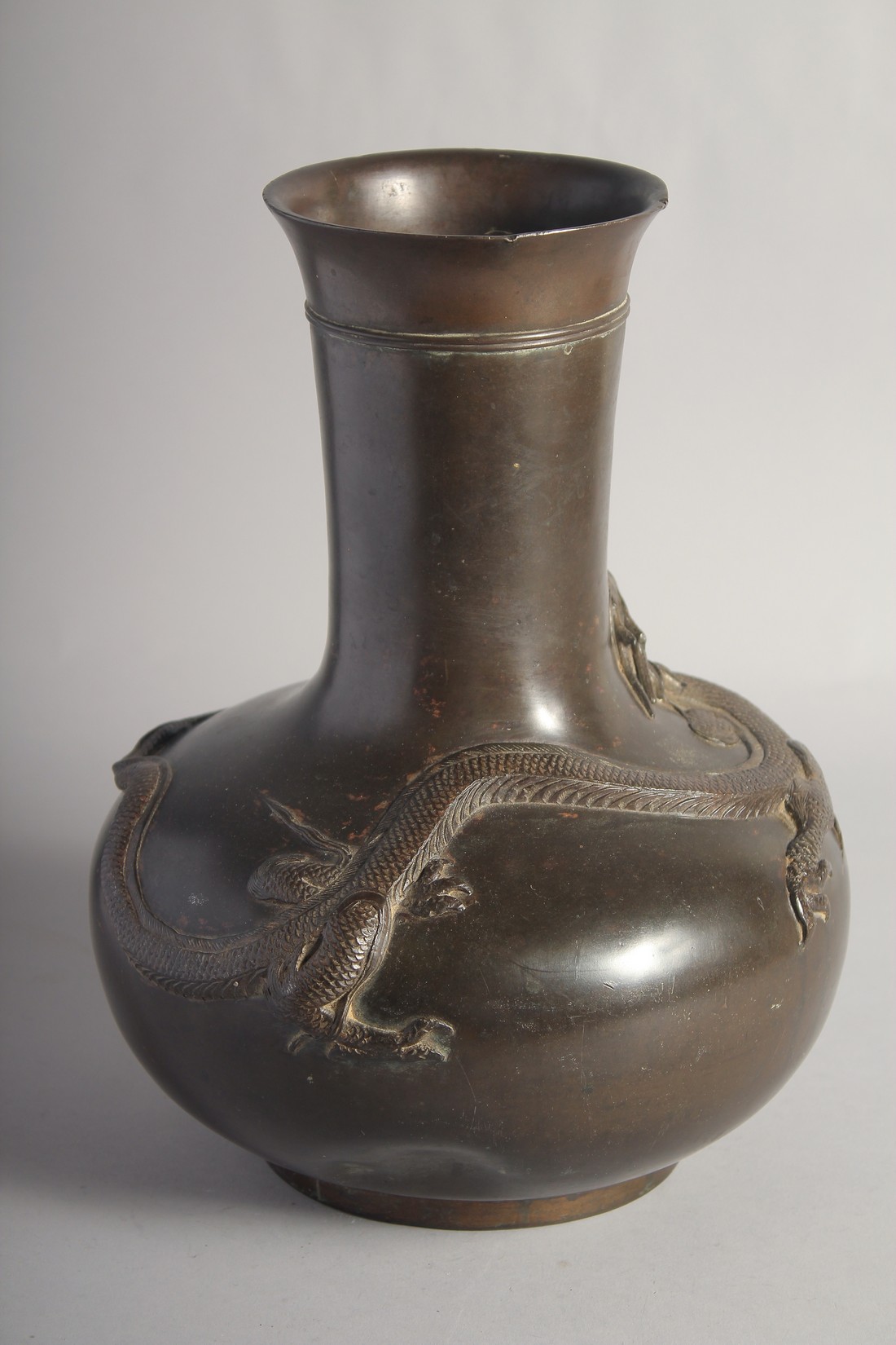 A LARGE BRONZE VASE, with relief dragon coiled around the body, 31.5cm high. - Image 2 of 5