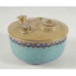 A JAPANESE CLOISONNE CIRCULAR INK STAND, with brass mount to the top inset with glass liner to the