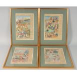 FOUR GOOD FRAMED INDIAN MINIATURE PAINTINGS, depicting various scenes including battle scenes,