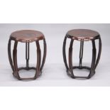 A GOOD PAIR OF CHINESE ROSEWOOD BARREL SEATS, with burr wood panelled tops on pierced curving