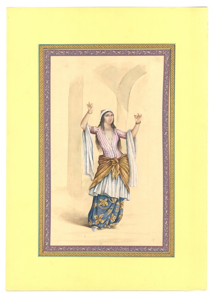 A 20TH CENTURY MINIATURE WATERCOLOUR PAINTING ON PAPER, depicting a female dancer in a floral and - Image 2 of 2