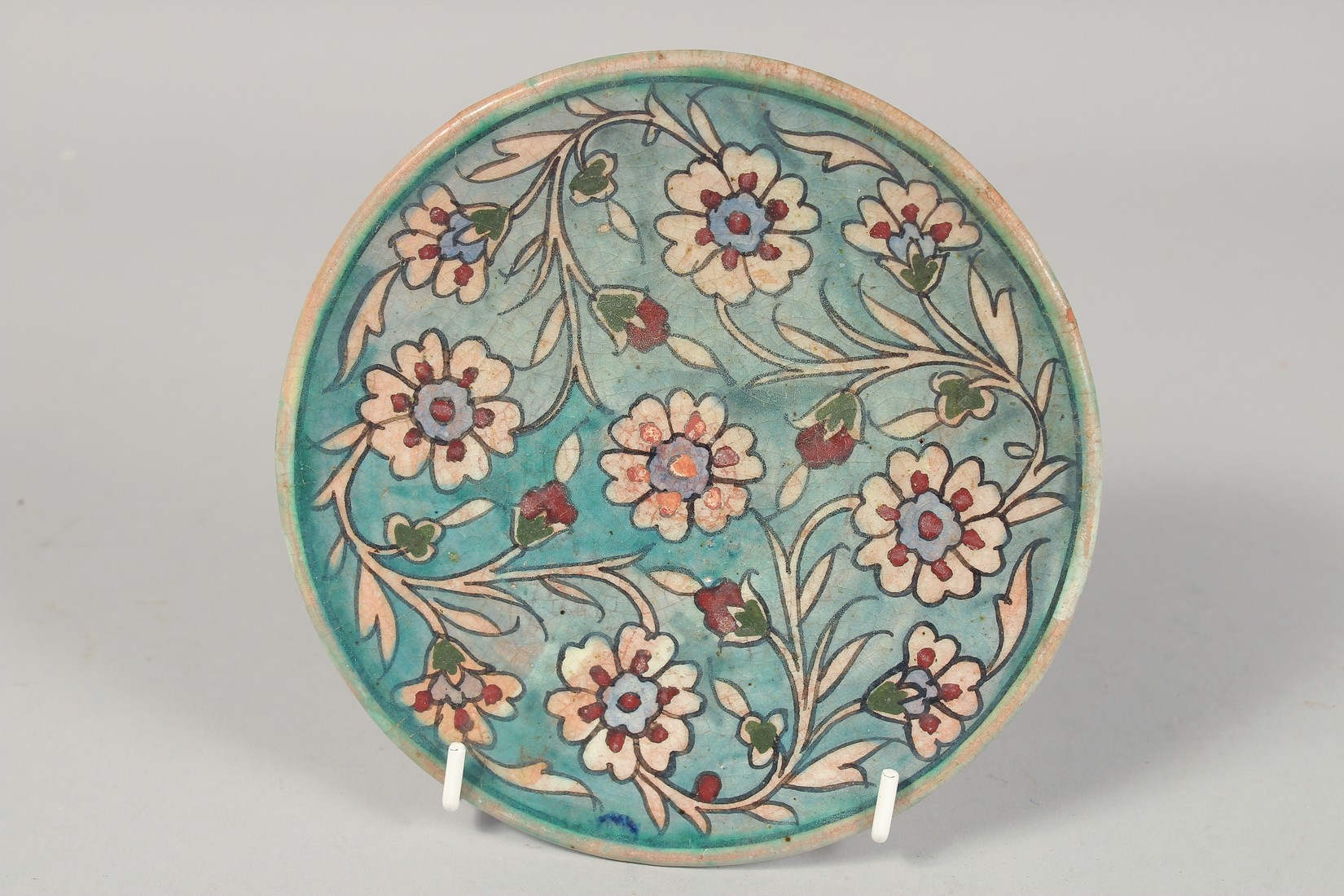 A PALESTINIAN TURQUOISE GLAZE POTTERY PART TEA SET, each piece painted with floral decoration, - Image 4 of 10