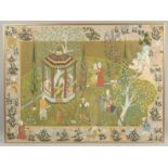 A VERY LARGE FRAMED PERSIAN PAINTING ON SILK, depicting an outdoor scene with a figure on horseback,