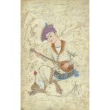 A PERSIAN MINIATURE PAINTING ON PAPER, depicting a seating figure playing a musical instrument