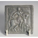 A FINE 18TH CENTURY OTTOMAN BALKANS LEAD PLAQUE depicting a saint, 6.5cm square.