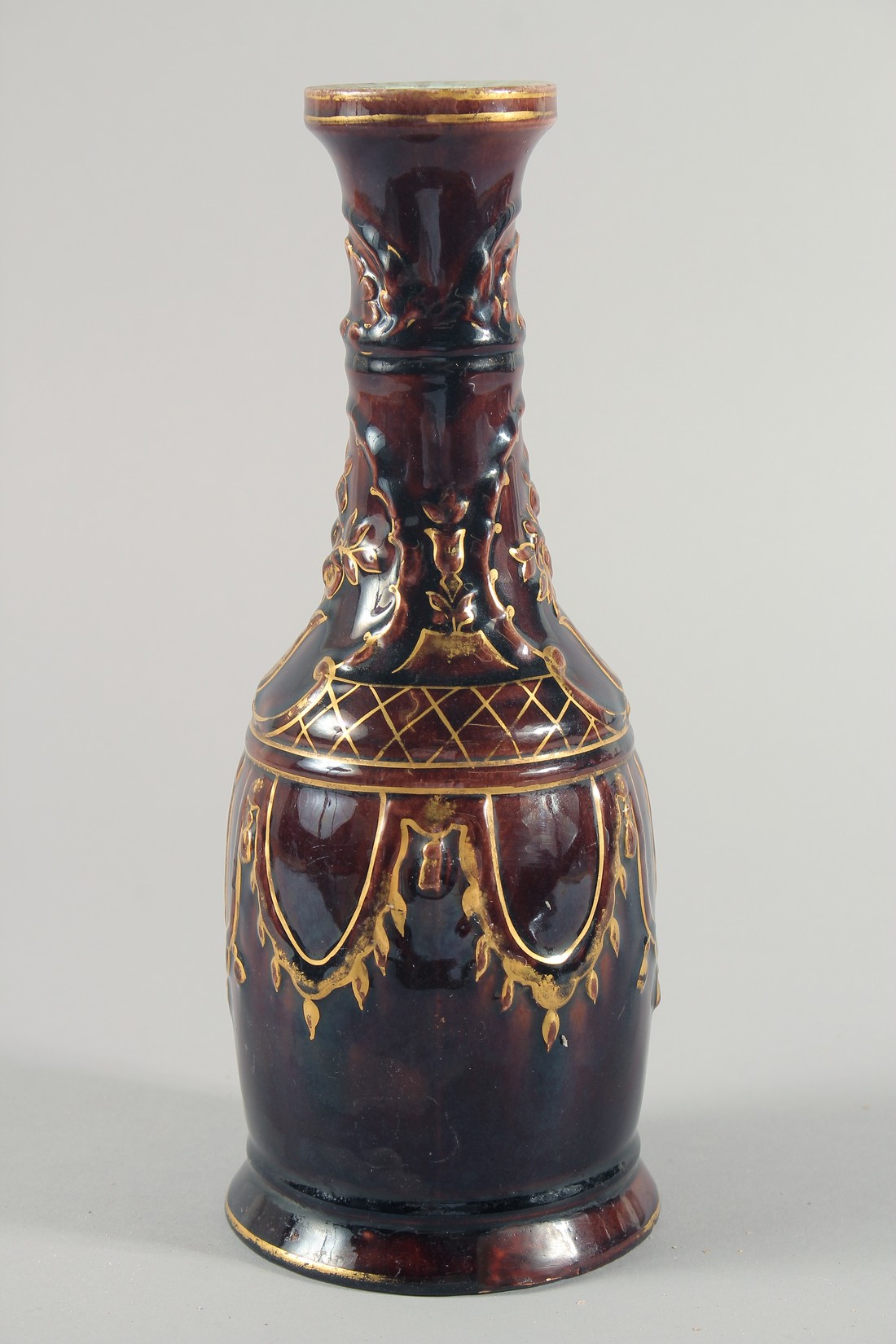 AN UNUSUAL GLAZED POTTERY HUQQA BASE, with gilt painted decoration, 29cm high. - Image 2 of 6
