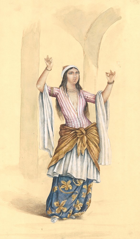A 20TH CENTURY MINIATURE WATERCOLOUR PAINTING ON PAPER, depicting a female dancer in a floral and