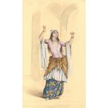 A 20TH CENTURY MINIATURE WATERCOLOUR PAINTING ON PAPER, depicting a female dancer in a floral and