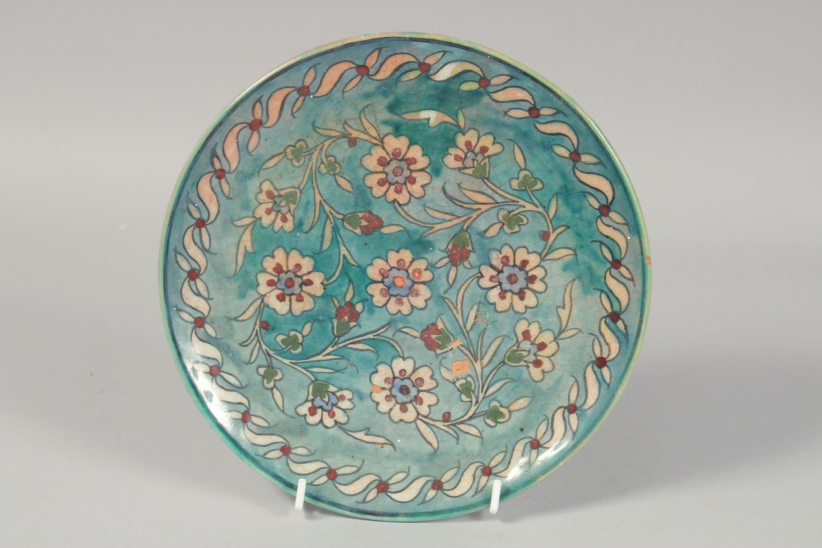 A PALESTINIAN TURQUOISE GLAZE POTTERY PART TEA SET, each piece painted with floral decoration, - Image 2 of 10