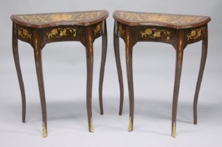 A PAIR OF FRENCH STYLE MARQUETRY INLAID DEMI-LUNE SINGLE DRAWER SIDE TABLES. 2ft wide x 10ins deep x