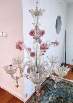 A LARGE PINK MURANO GLASS CHANDELIER in original box.