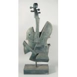 A LARGE ABSTRACT BRONZE CELLO. 35ins high.