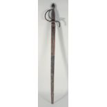 A RARE 18TH - 19TH CENTURY GERMAN SWORD with metal and wire handle in a leather scabbard, No. I L