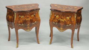 A PAIR OF FRENCH STYLE MARQUETRY INLAID TWO DRAWER PETIT COMMODES. 2ft 1ins wide x 1ft 3ins deep x